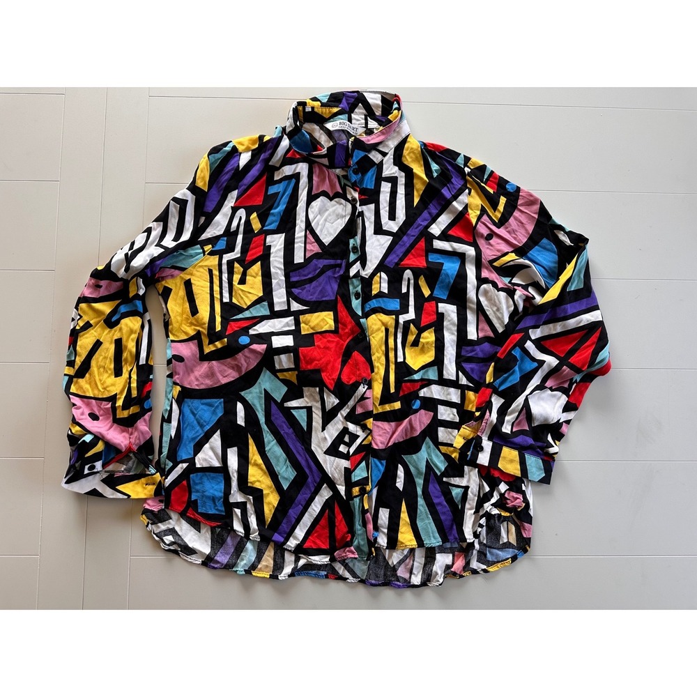 Big Dart Mens Geometric Abstract Print Button Up Shirt Multi Color 80s 90s Style